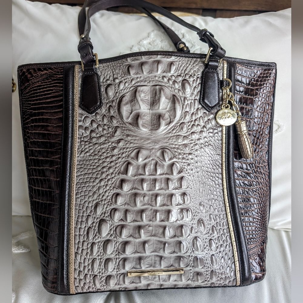 BRAHMIN Croc-Embossed Asher Quill Greco Large Leather Tote in Dark Brown &Taupe